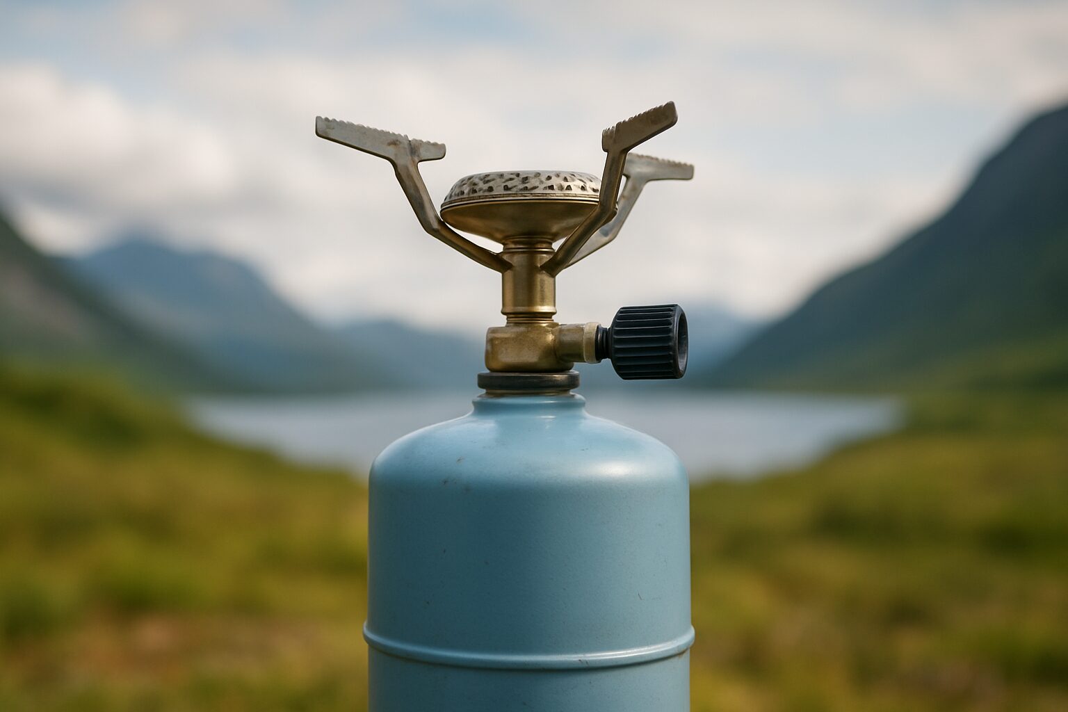 Close-up of a camping stove against a scenic outdoor background